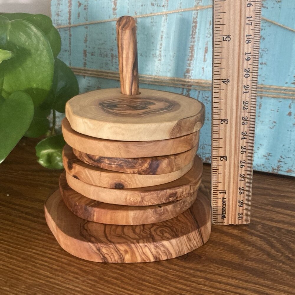 Olive Wood Rustic Natural Coaster Set of 6 with Holder Hand Made - Picture 15 of 16